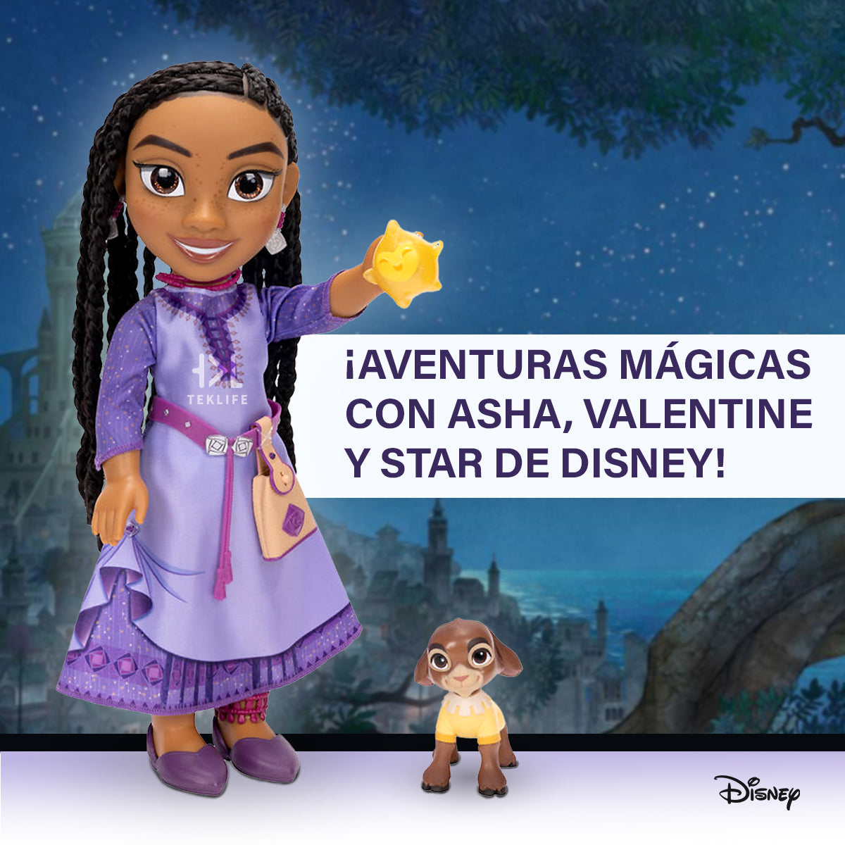 Muñeca Princesa Disney Asha Wish y Sus Amigos Valentino y Star
